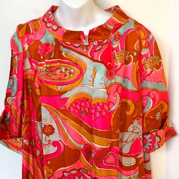 Vtg CONRAD Dressing Gown Robe Housecoat Button Up Made in Canada Large Floral - Picture 2 of 6